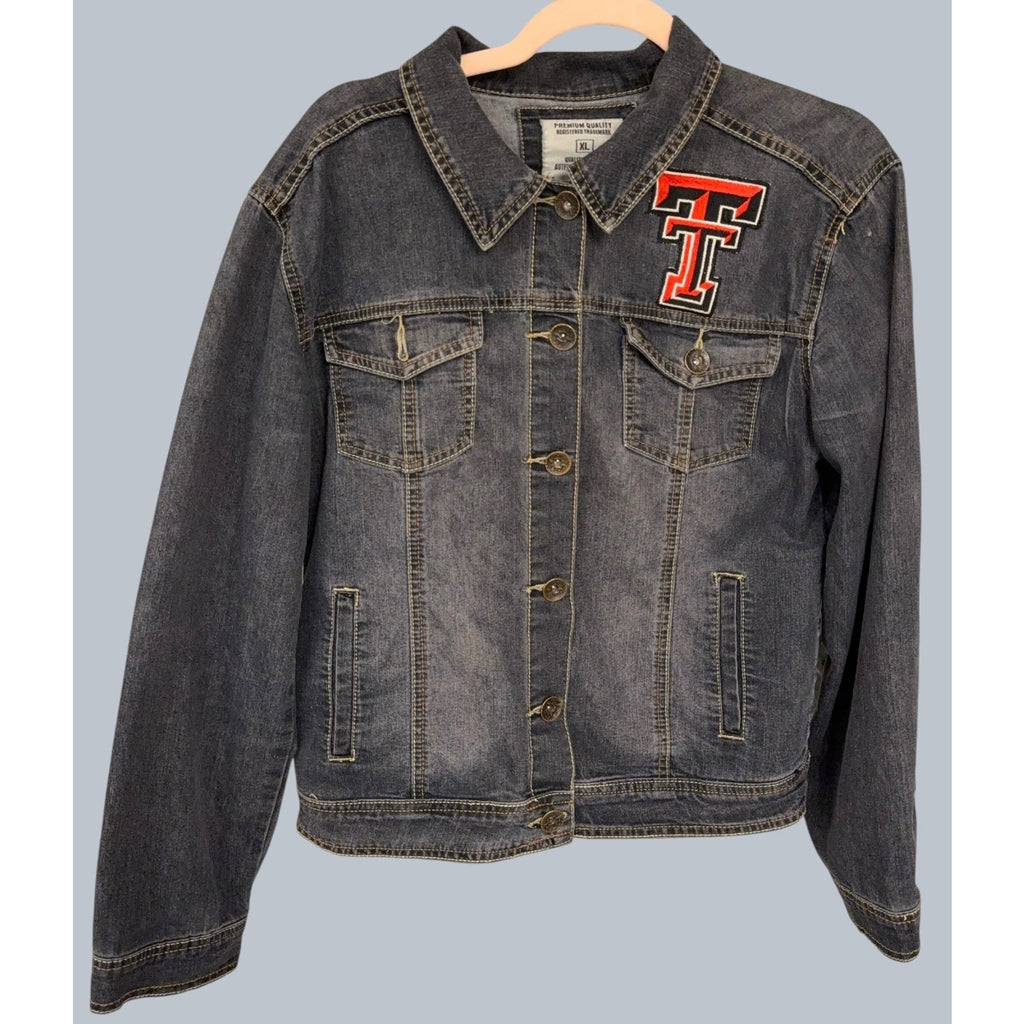Second Half Supply Co, LLC vintage denim jacket with Texas Tech Double T patch on chest and button-up front.