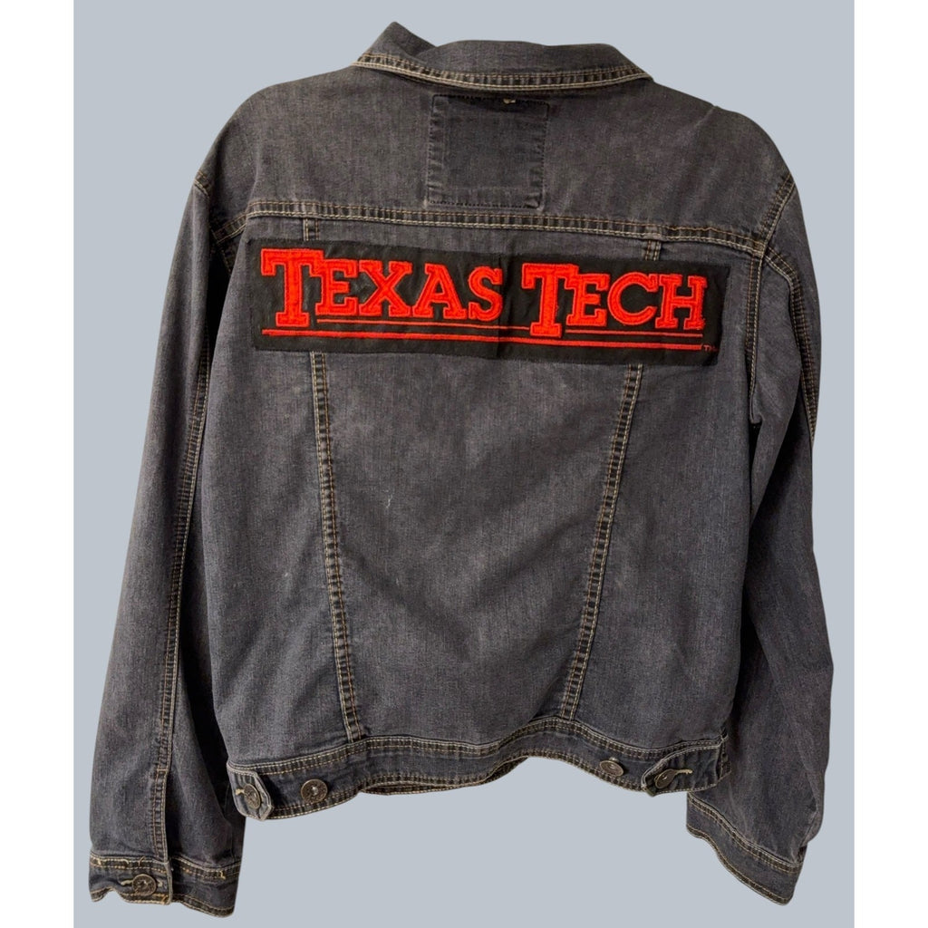 Second Half Supply Co, LLC vintage black denim jacket with large red Texas Tech spellout embroidery on the back