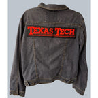 Second Half Supply Co, LLC vintage black denim jacket with large red Texas Tech spellout embroidery on the back