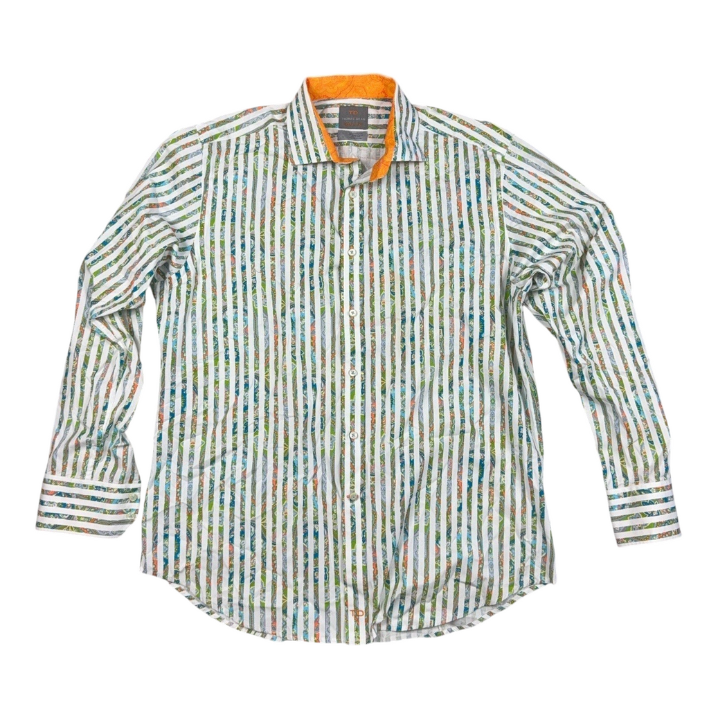 Second Half Supply Co, LLC Thomas Dean paisley stripe cotton button-up shirt with orange contrast collar and cuffs