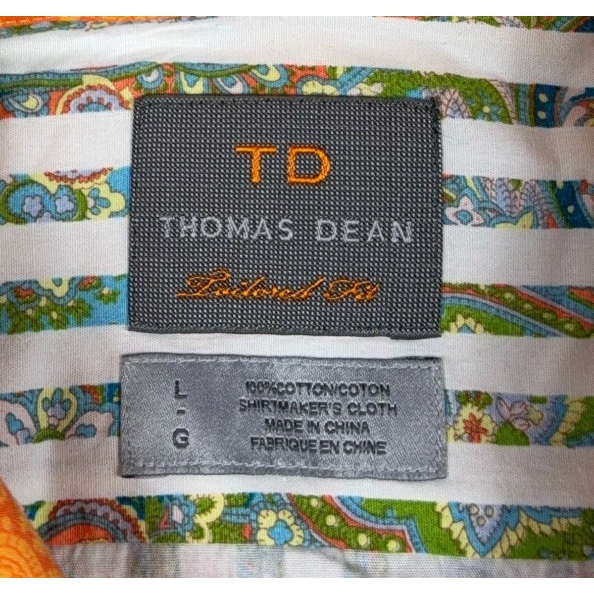 Second Half Supply Co, LLC Thomas Dean paisley stripe cotton shirt label showing size large and tailored fit details