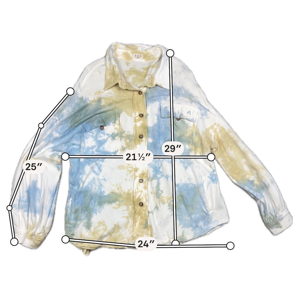 Second Half Supply Co, LLC POL cotton shacket in blue and sage tie-dye with button front and raw hem measurements