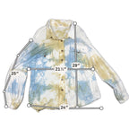 Second Half Supply Co, LLC POL cotton shacket in blue and sage tie-dye with button front and raw hem measurements