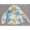 Second Half Supply Co, LLC POL cotton shacket in blue and sage watercolor tie-dye with raw hem and button-up front