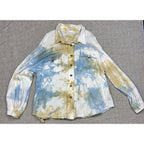 Second Half Supply Co, LLC POL cotton shacket in blue and sage watercolor tie-dye with raw hem and button-up front