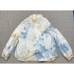 Back view of a Second Half Supply Co, LLC POL cotton shacket featuring a blue, sage, and white watercolor tie-dye.