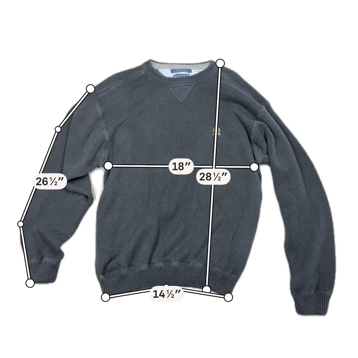 Second Half Supply Co, LLC dark green Tommy Hilfiger cotton crewneck sweater with embroidered crest and measurements.