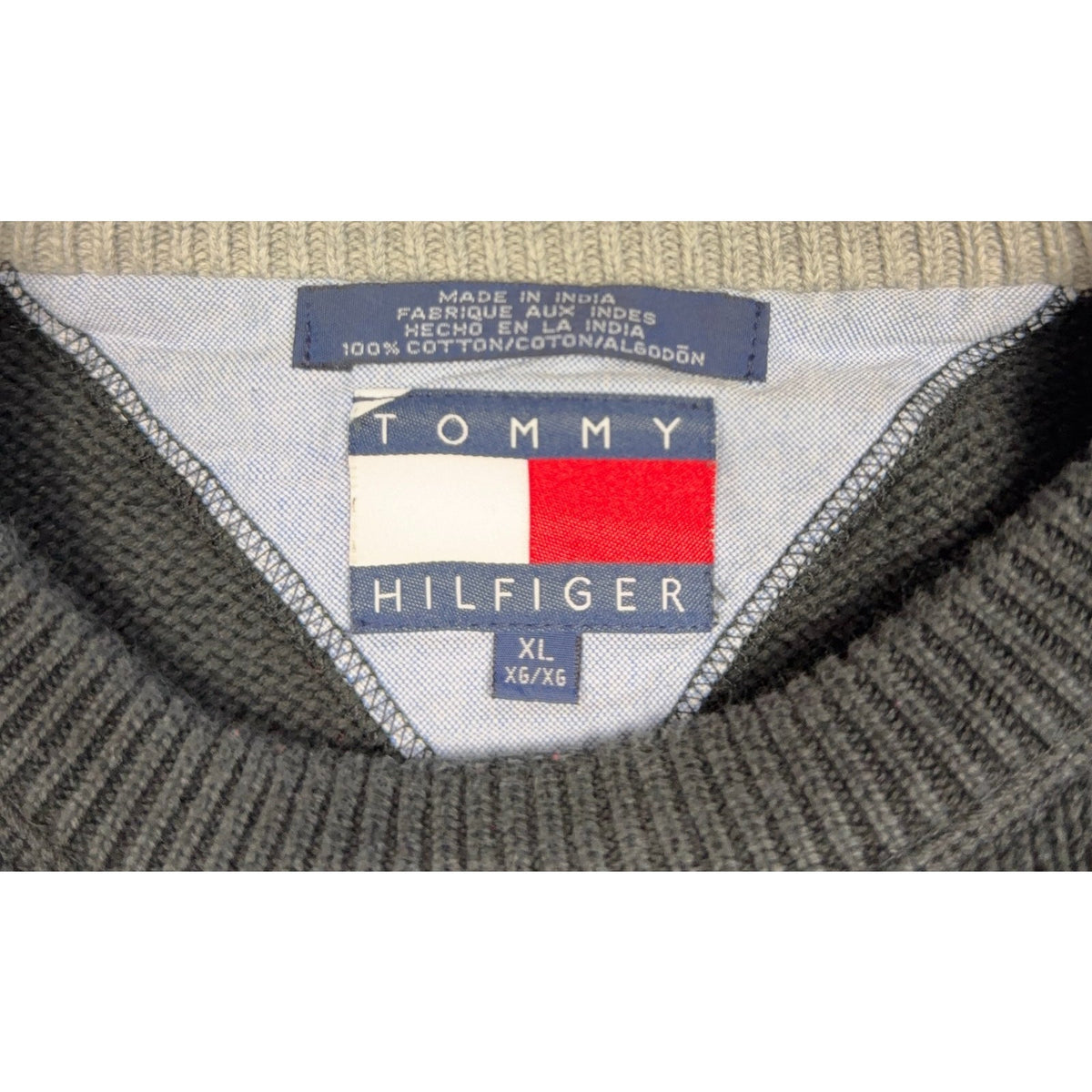 Second Half Supply Co, LLC Tommy Hilfiger dark green cotton sweater interior neck label and size tag