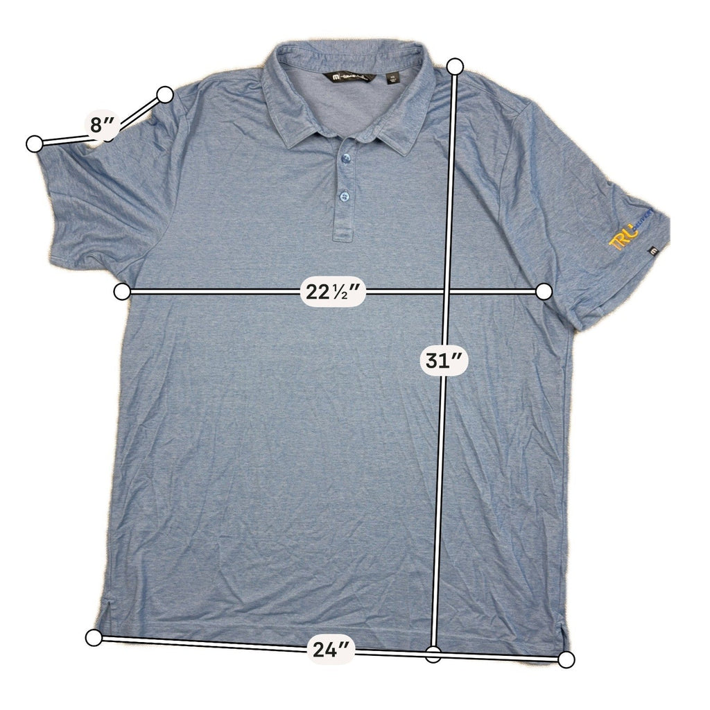 Second Half Supply Co, LLC heathered blue TravisMathew polo shirt with TRU Delivery sleeve embroidery and measurements.