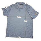 Second Half Supply Co, LLC heathered blue TravisMathew polo shirt with TRU Delivery sleeve embroidery and measurements.