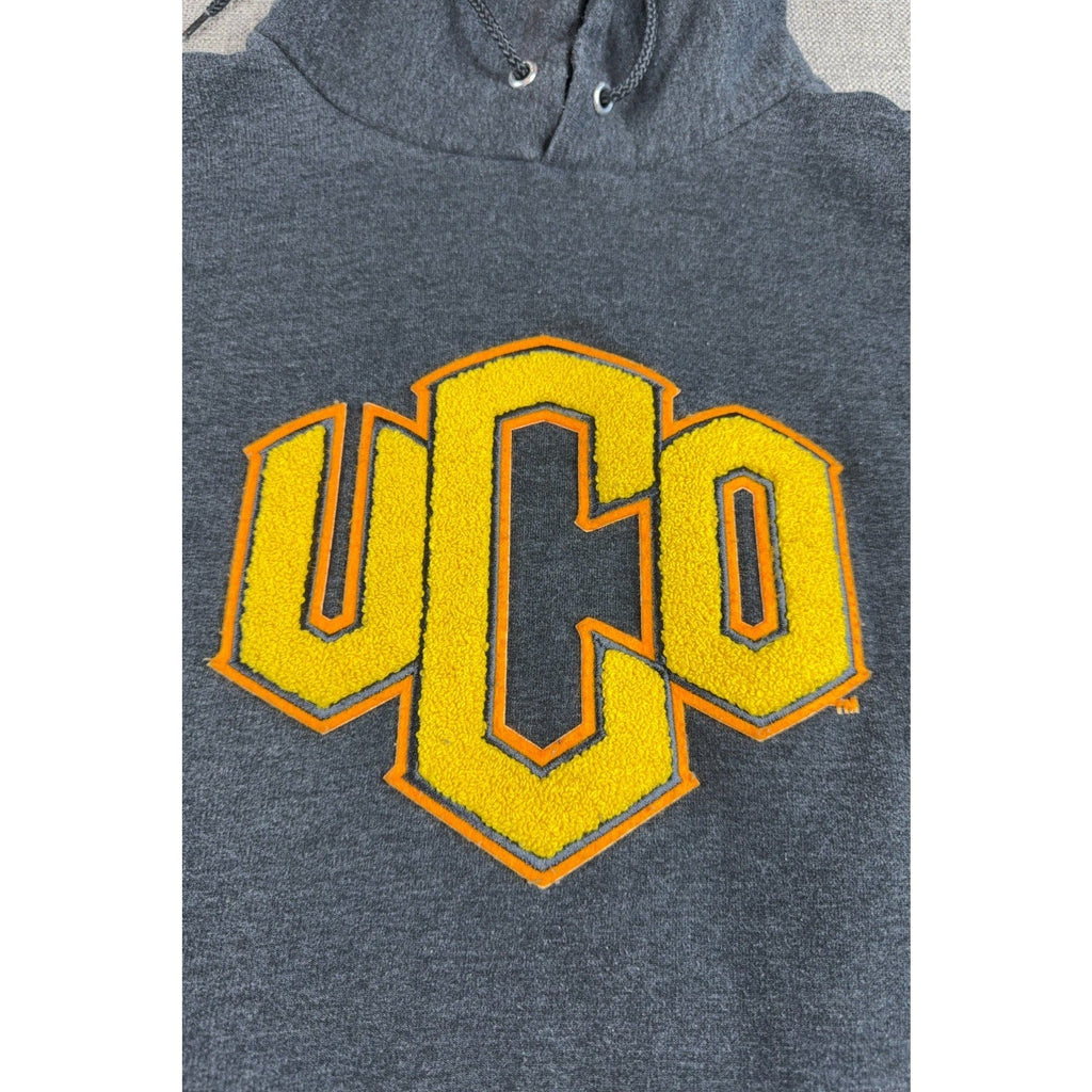 Second Half Supply Co, LLC charcoal gray Champion hoodie with yellow and orange UCO chenille embroidered chest logo