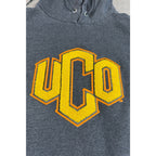 Second Half Supply Co, LLC charcoal gray Champion hoodie with yellow and orange UCO chenille embroidered chest logo