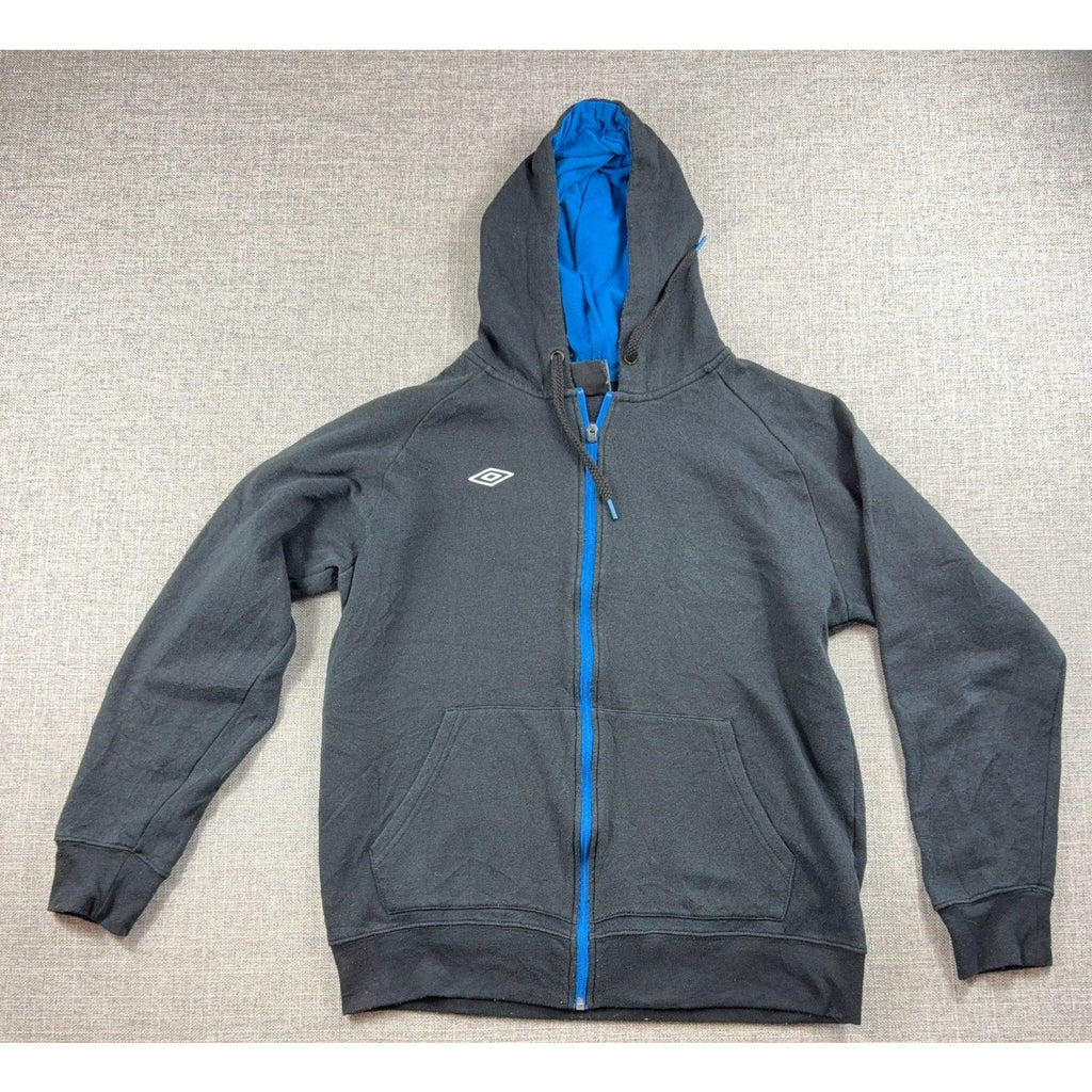 Second Half Supply Co, LLC charcoal gray Umbro full-zip hoodie with bright blue hood lining and zipper tape