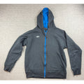 Second Half Supply Co, LLC charcoal gray Umbro full-zip hoodie with bright blue hood lining and zipper tape