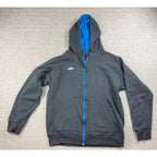 Second Half Supply Co, LLC charcoal gray Umbro full-zip hoodie with bright blue hood lining and zipper tape