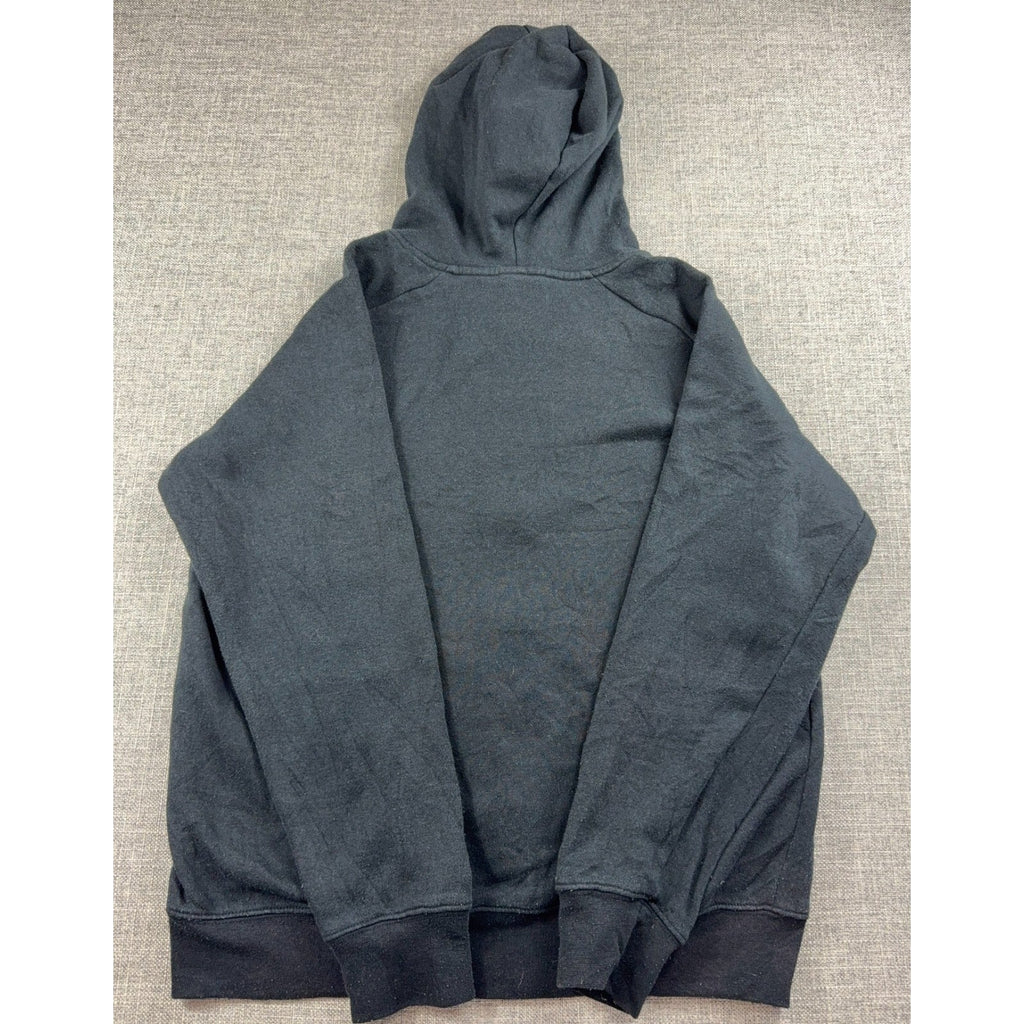 Back view of a charcoal gray Umbro hoodie from Second Half Supply Co, LLC featuring a drawstring hood and ribbed hem