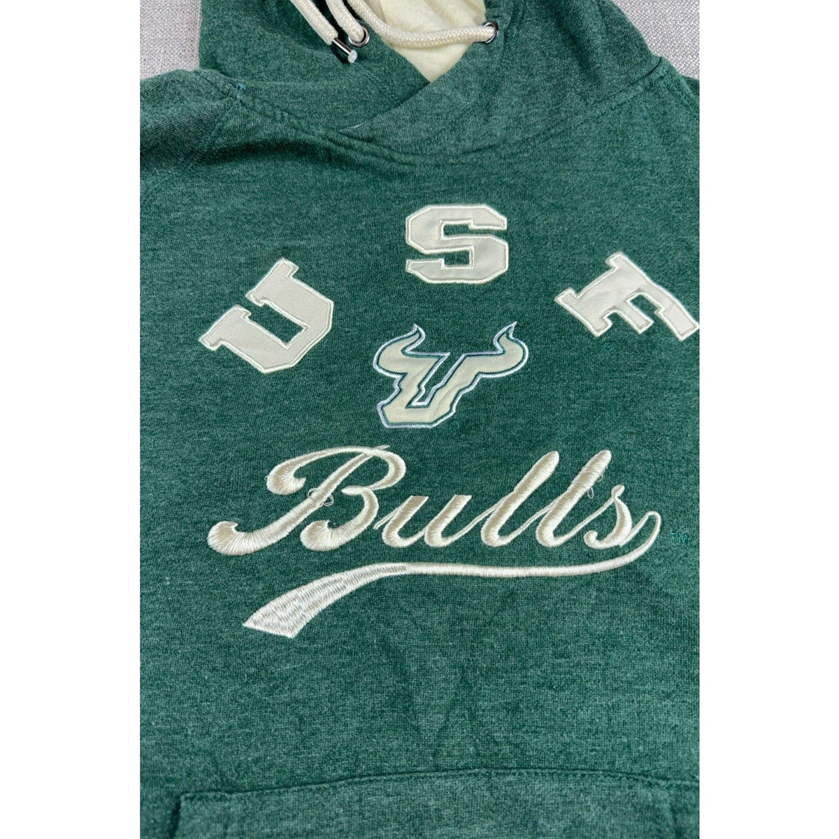 Second Half Supply Co, LLC women's green USF Bulls pullover hoodie with cream embroidered lettering and logo