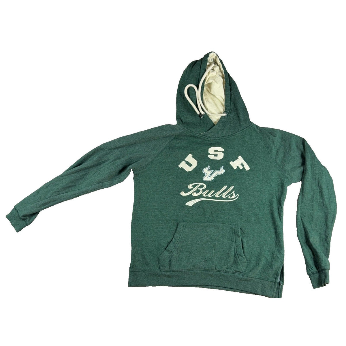 Second Half Supply Co, LLC heathered green USF Bulls pullover hoodie with cream embroidery and contrast hood lining.