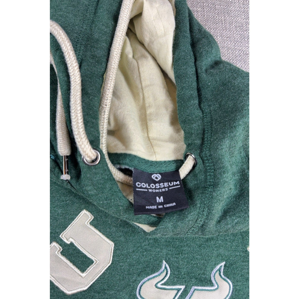 Second Half Supply Co, LLC women's green USF Bulls hoodie with cream hood lining and embroidered logo detail