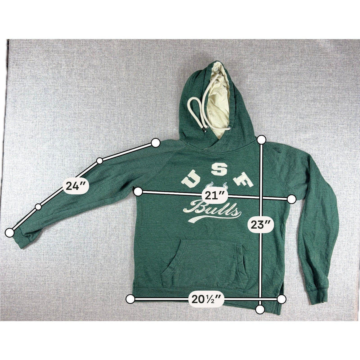 Second Half Supply Co, LLC women's green USF Bulls pullover hoodie with cream embroidery and measurement overlays.