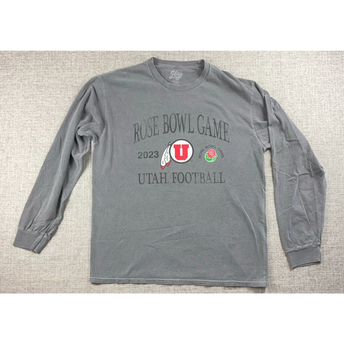 Second Half Supply Co, LLC charcoal gray Blue 84 long sleeve shirt with 2023 Utah Utes Rose Bowl football graphic