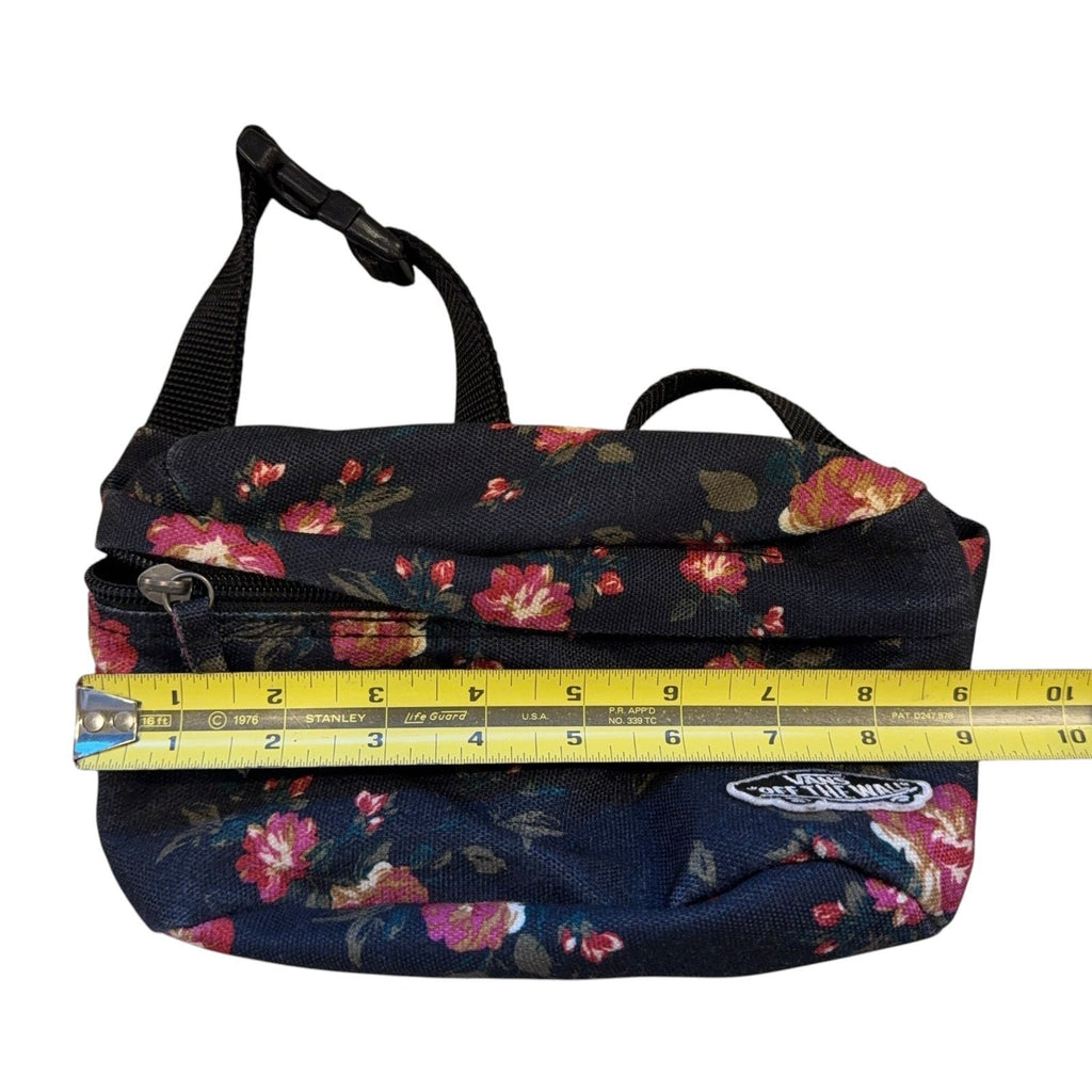 Second Half Supply Co, LLC navy floral Vans belt bag with pink flowers and adjustable black strap measuring 9 inches.