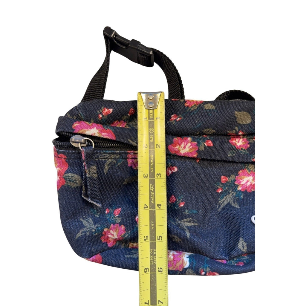Second Half Supply Co, LLC navy floral Vans belt bag with a yellow measuring tape showing 6-inch height