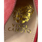 Second Half Supply Co, LLC Vince Camuto gold logo branding on the beige insole of a coral pink suede pump