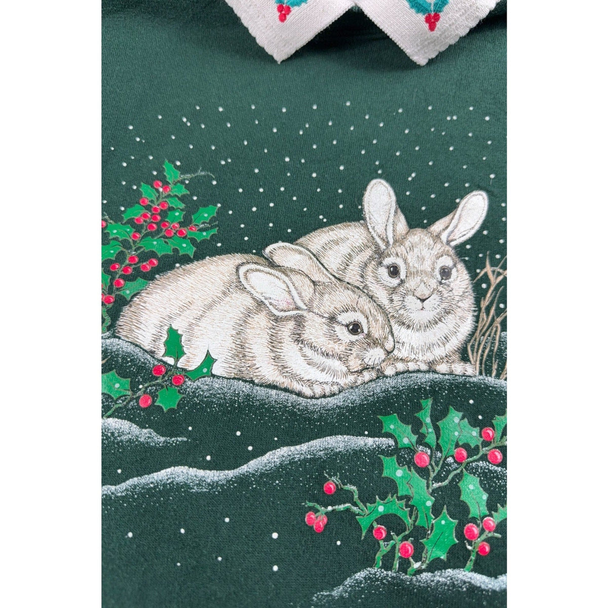 Second Half Supply Co, LLC vintage 90s green Christmas sweatshirt with bunny and holly graphic and Peter Pan collar