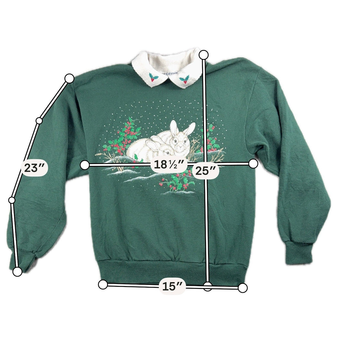 Second Half Supply Co, LLC vintage 90s green Christmas sweatshirt with bunny graphic and white Peter Pan collar