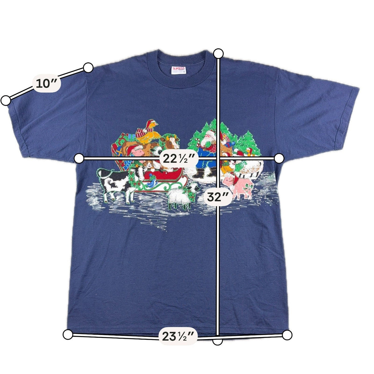 Second Half Supply Co, LLC vintage 90s navy blue Christmas t-shirt with glittery Santa and farm animal graphic