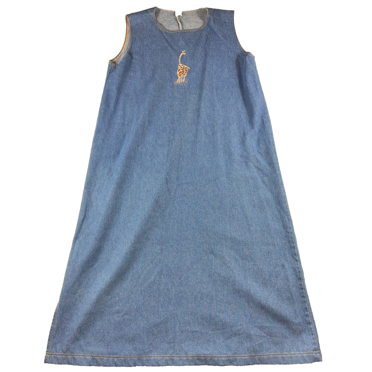 Second Half Supply Co, LLC vintage 90s blue denim maxi jumper dress with a giraffe appliqué and rhinestone accents.