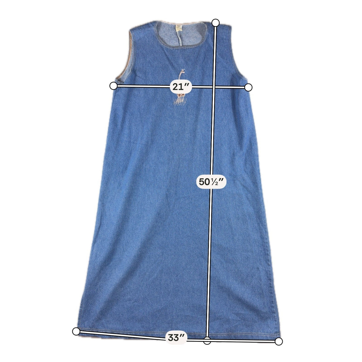 Second Half Supply Co, LLC vintage 90s blue denim maxi jumper dress with giraffe appliqué and rhinestone details