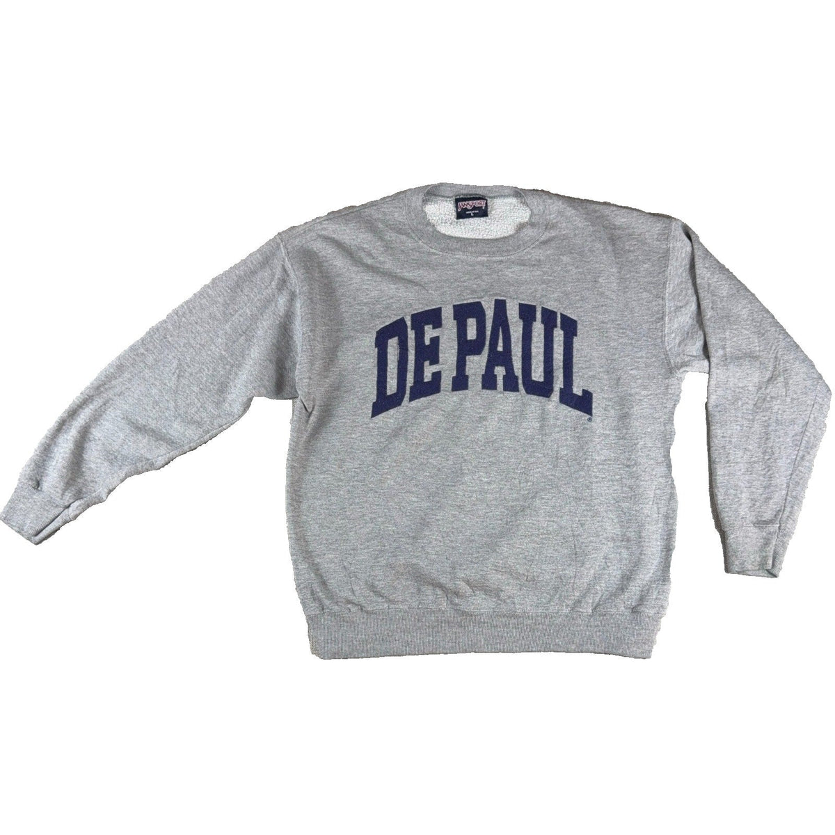 Second Half Supply Co, LLC vintage gray JanSport DePaul University crewneck sweatshirt with navy varsity lettering.