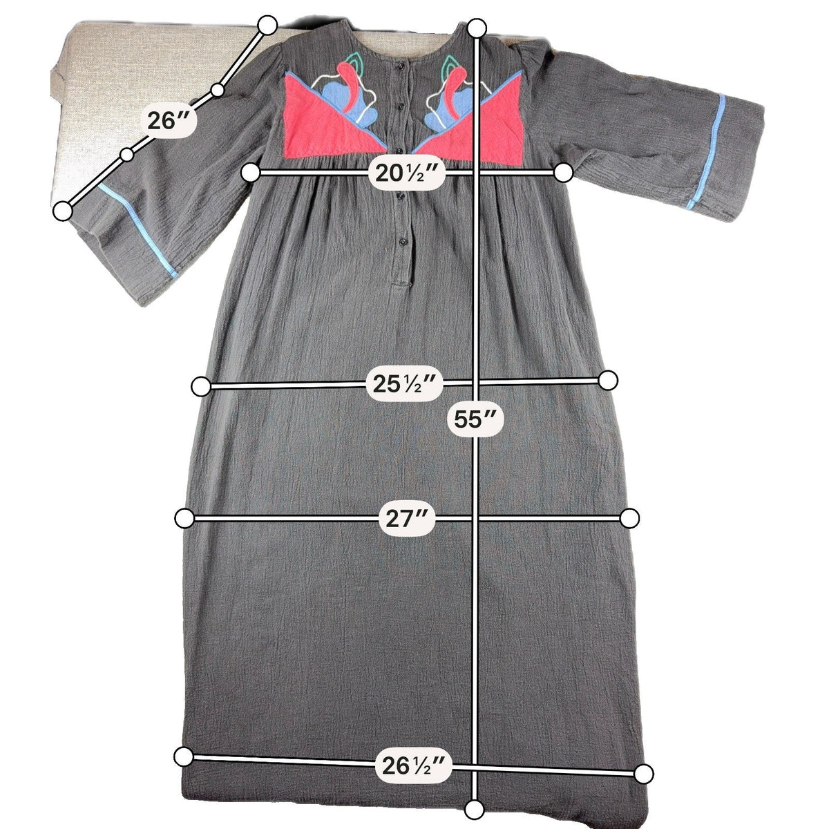 Second Half Supply Co, LLC vintage 80s charcoal gray caftan maxi dress with floral appliqué and blue cuff trim