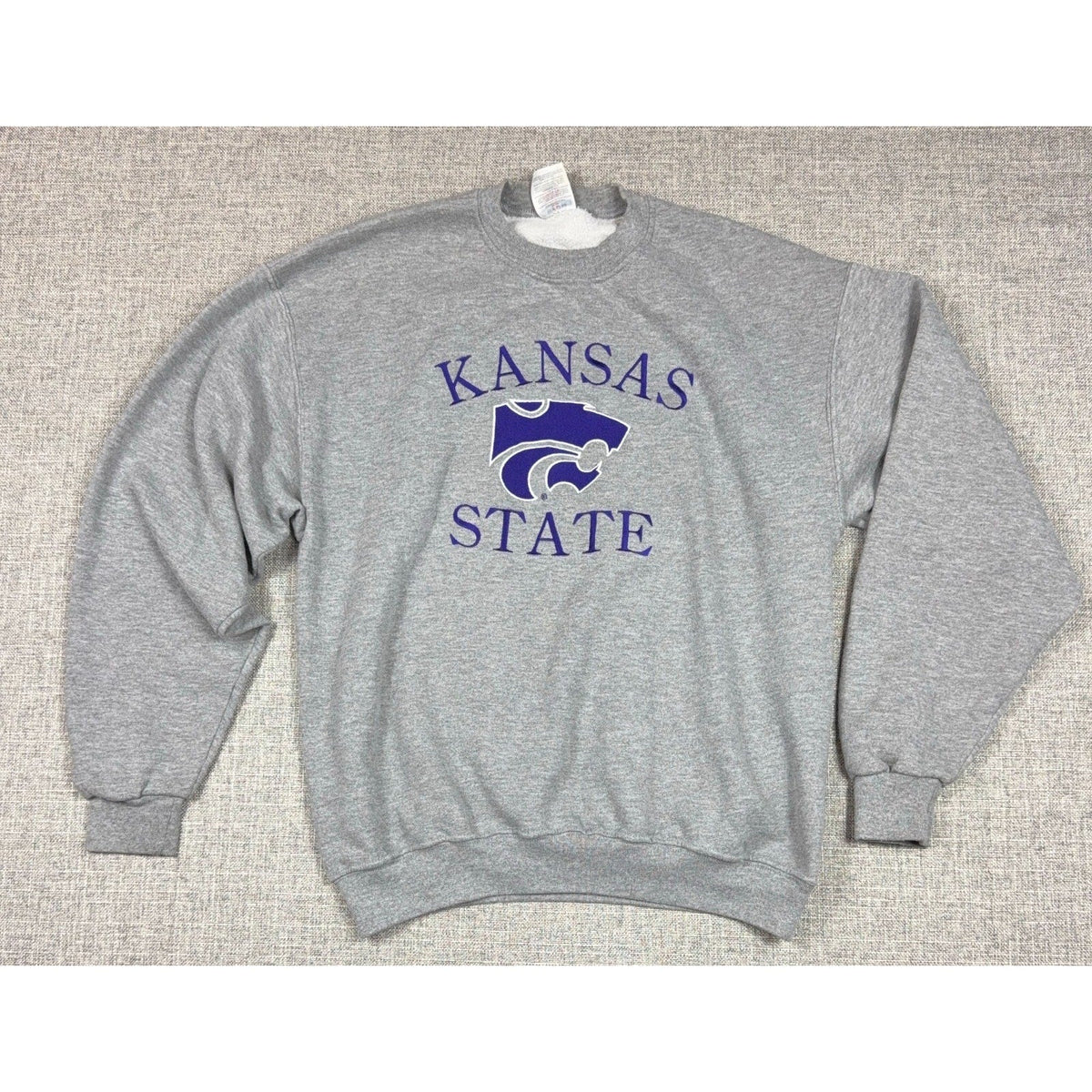 Second Half Supply Co, LLC vintage gray Kansas State Wildcats crewneck sweatshirt with purple embroidered logo