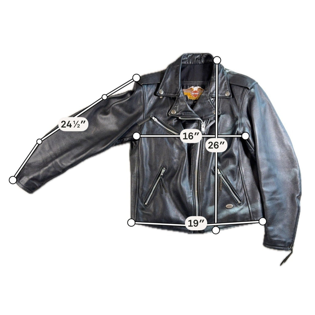 Second Half Supply Co, LLC vintage black leather Harley-Davidson motorcycle jacket with measurement overlays