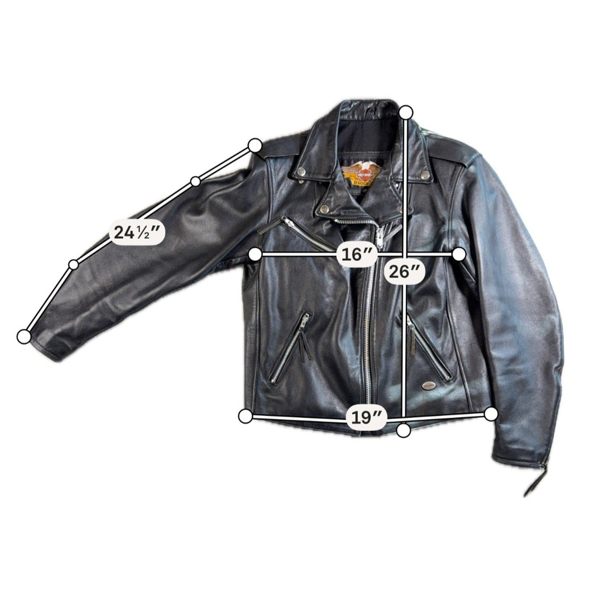 Second Half Supply Co, LLC vintage black leather Harley-Davidson motorcycle jacket with measurement overlays