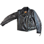 Second Half Supply Co, LLC vintage black leather Harley-Davidson motorcycle jacket with asymmetrical zipper and hardware