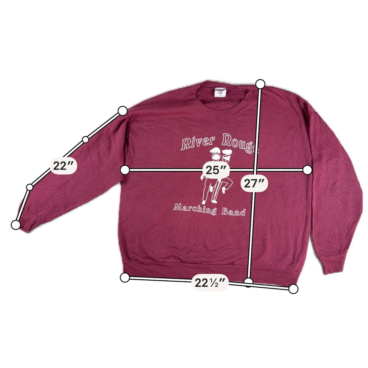 Second Half Supply Co, LLC vintage 90s burgundy River Rouge marching band sweatshirt with white graphic and measurements