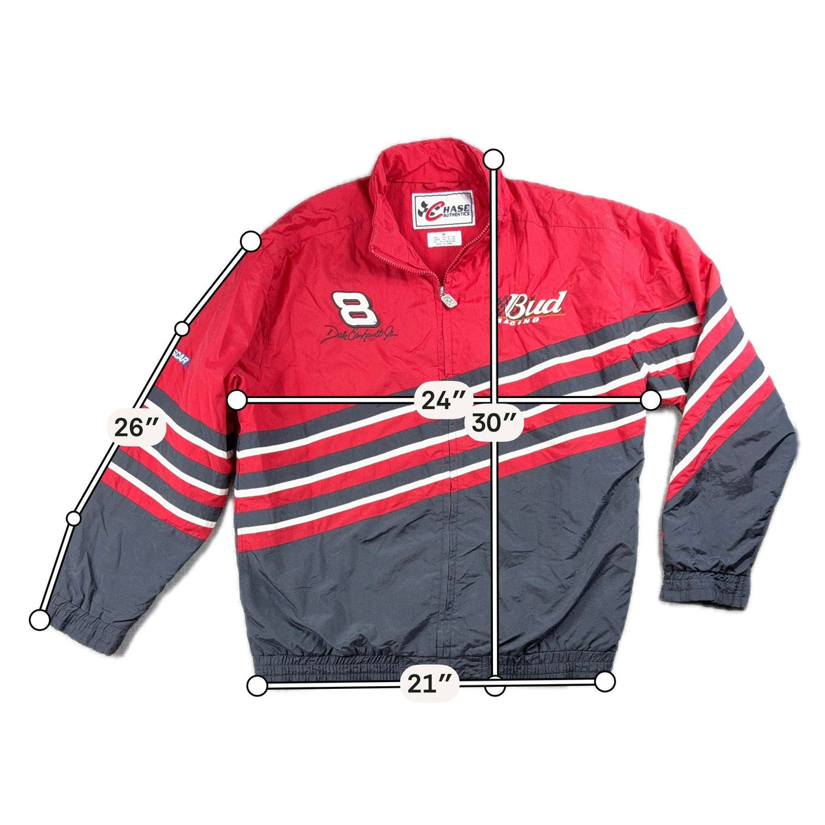 Second Half Supply Co, LLC vintage Dale Earnhardt Jr. Budweiser NASCAR racing jacket with red and black stripes
