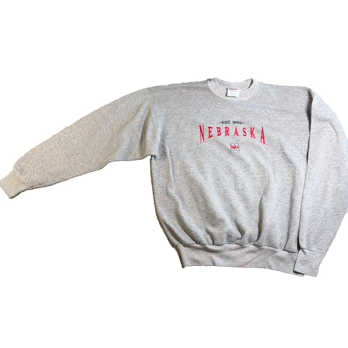 Second Half Supply Co, LLC vintage heather gray Nebraska Cornhuskers crewneck sweatshirt with red embroidered logo