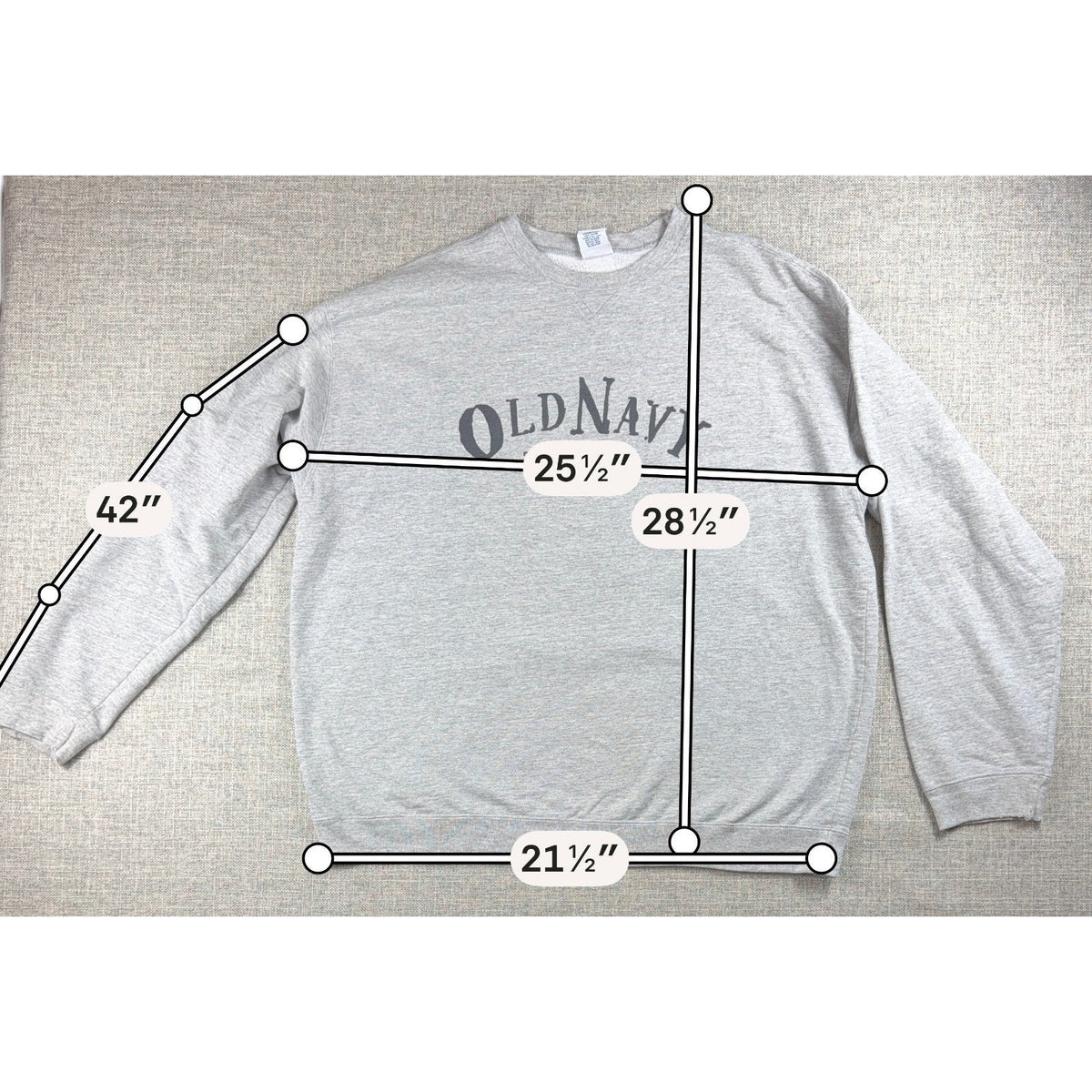 Second Half Supply Co, LLC vintage heather gray Old Navy crewneck sweatshirt with arched spellout graphic and measurements