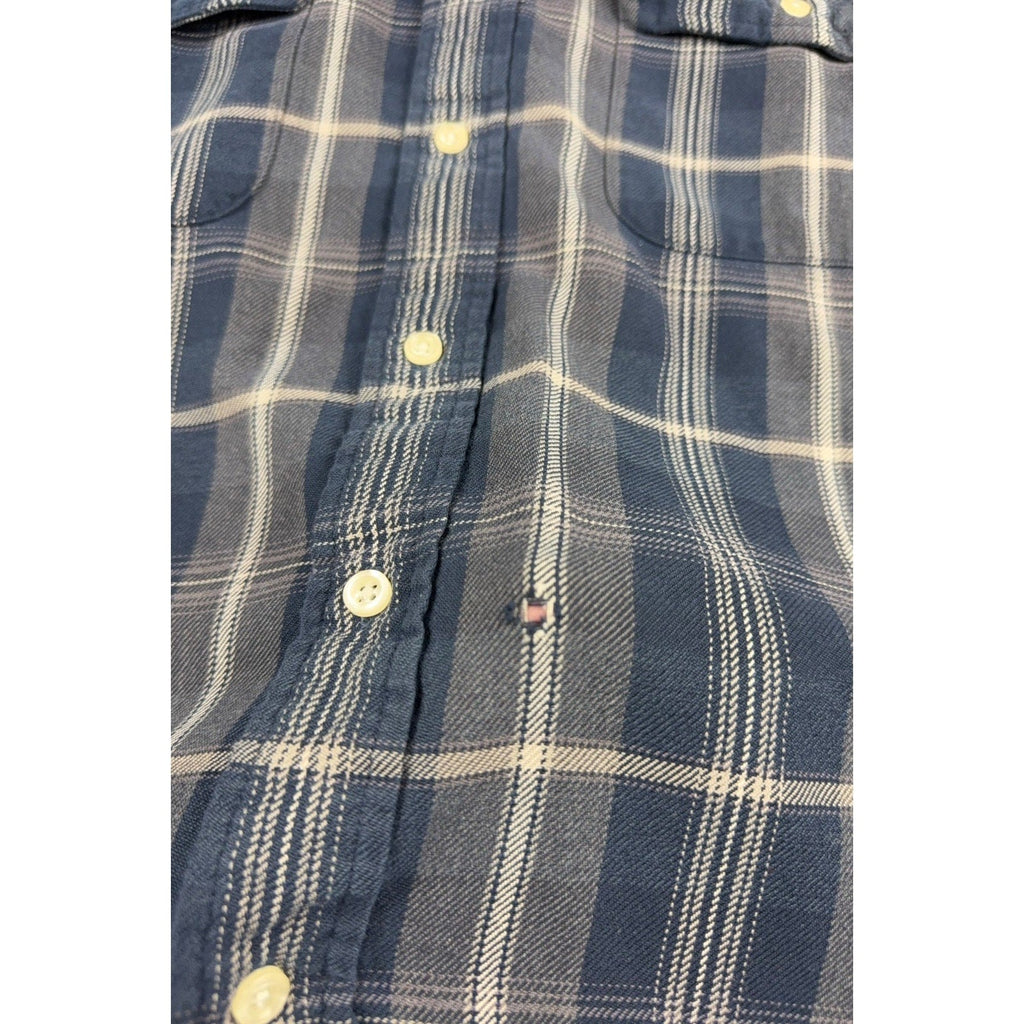 Second Half Supply Co, LLC vintage Tommy Hilfiger blue and gray plaid cotton button-down shirt with small fabric hole