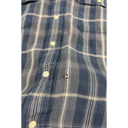 Second Half Supply Co, LLC vintage Tommy Hilfiger blue and gray plaid cotton button-down shirt with small fabric hole