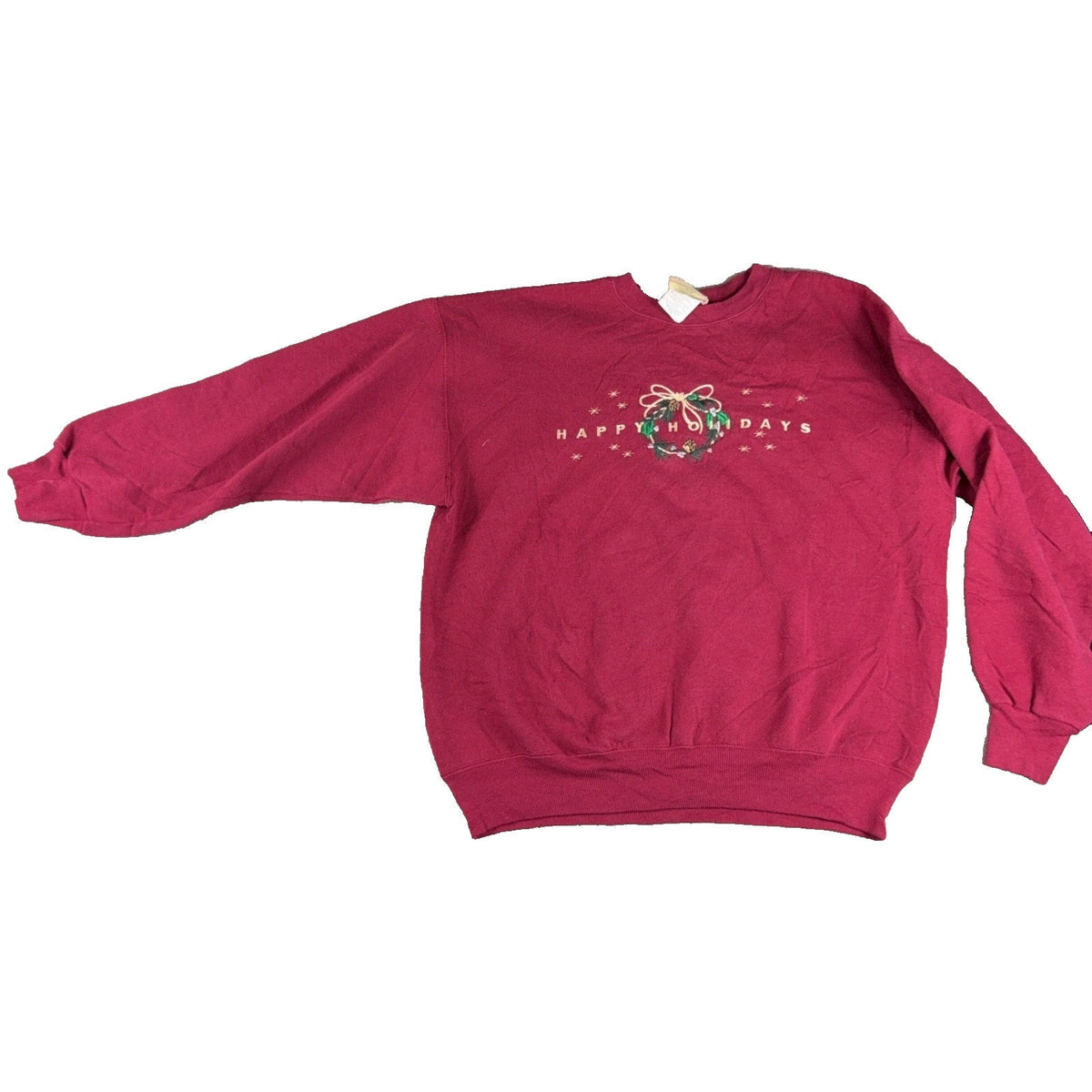 Second Half Supply Co, LLC vintage cranberry red crewneck sweatshirt with embroidered Christmas wreath Happy Holidays