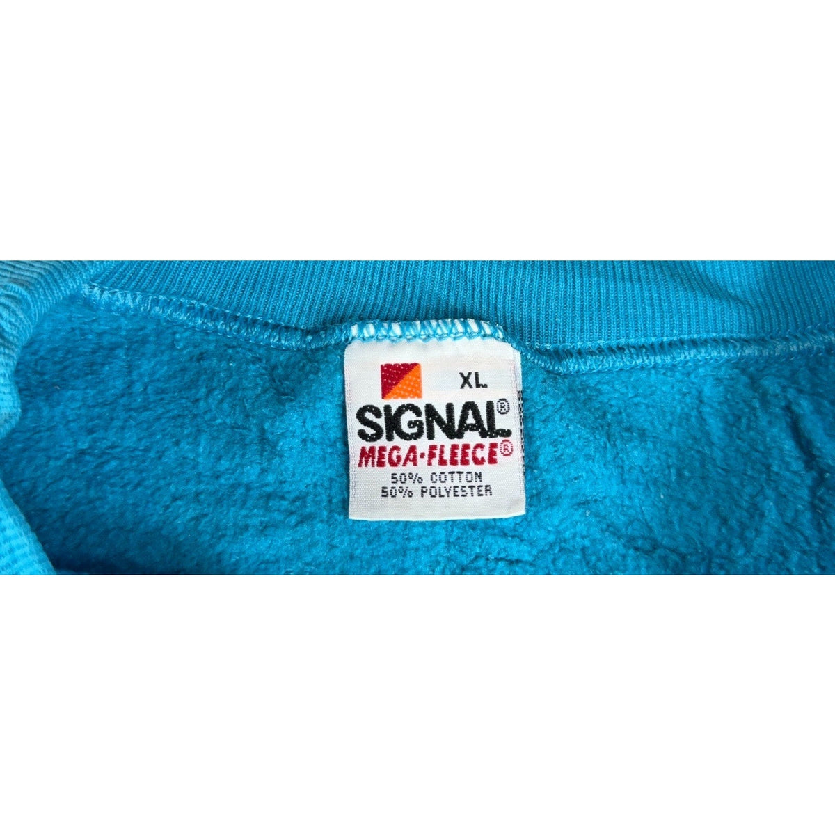 Second Half Supply Co, LLC vintage Signal Mega-Fleece teal sweatshirt label showing size XL and fabric blend