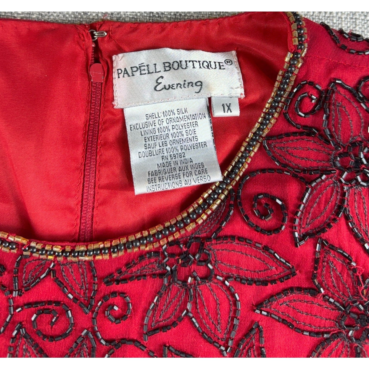 Second Half Supply Co, LLC vintage Papell Boutique red silk top with black floral beadwork and gold scalloped trim