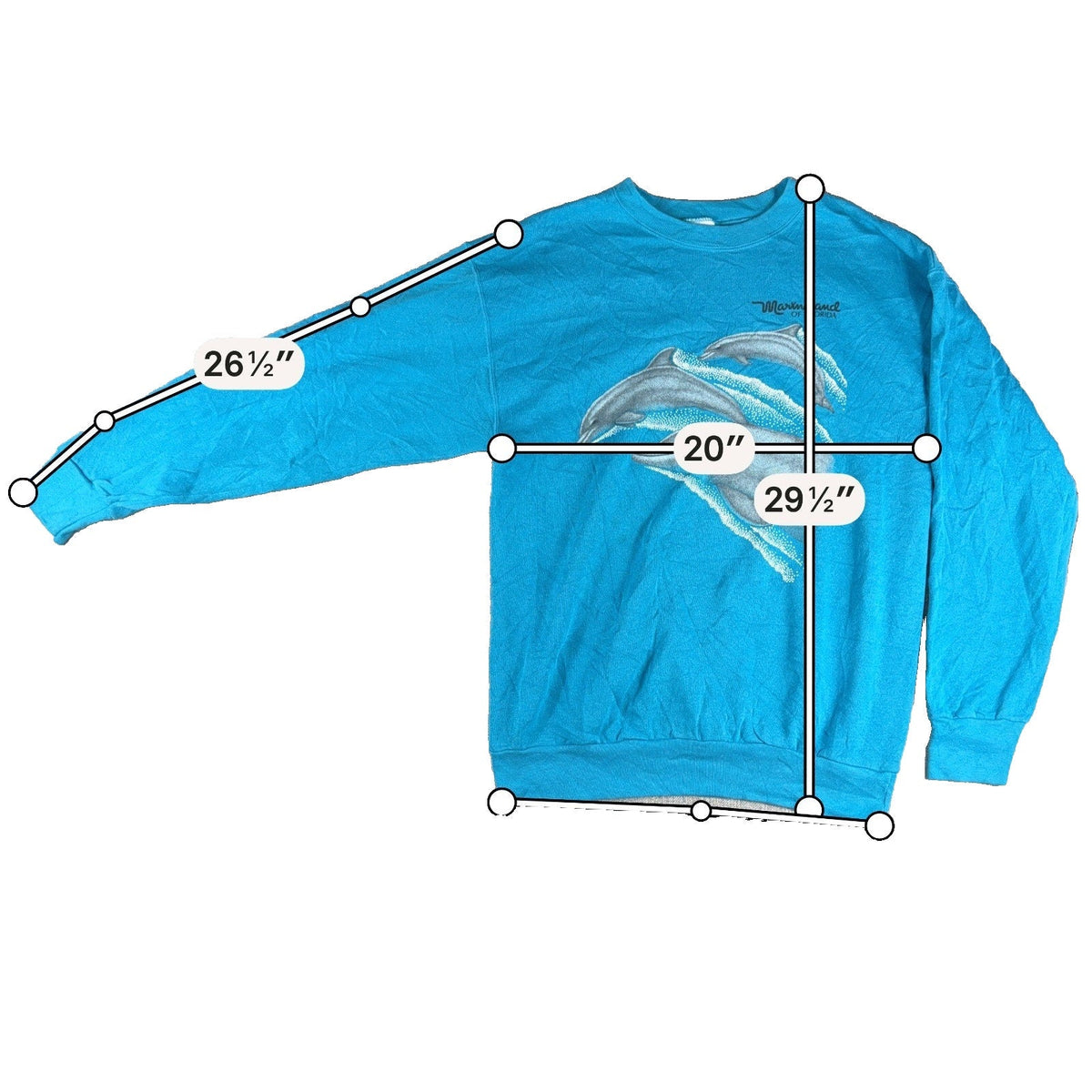 Second Half Supply Co, LLC vintage 90s teal crewneck sweatshirt featuring a Marineland Florida dolphin graphic