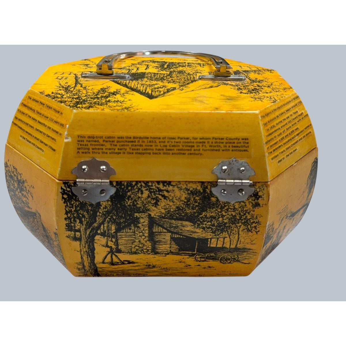 Second Half Supply Co, LLC vintage yellow octagonal wooden box purse with black Texas landmark decoupage illustrations